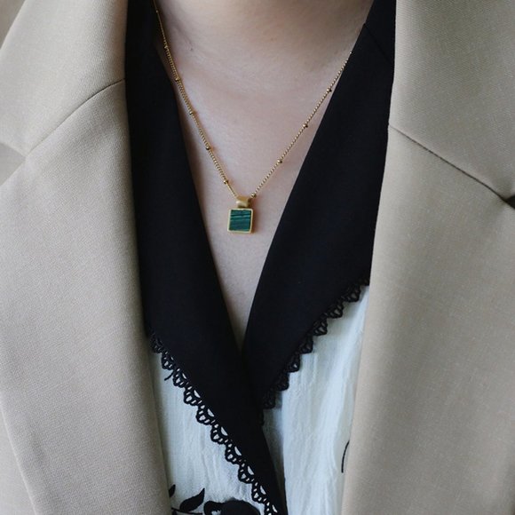NEW 18K Gold Plated Square Malachite Necklace - Picture 6 of 8